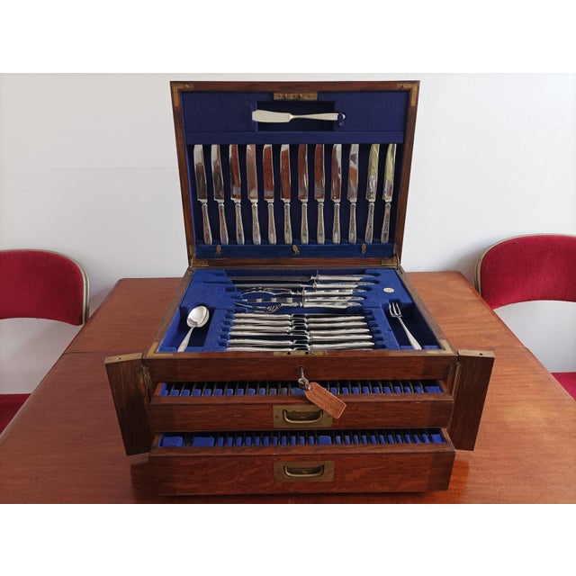 12 place setting | 96 pieces silver plated | grosvenor design wellington style oak box | 2 drawers & lift up lid h opened...