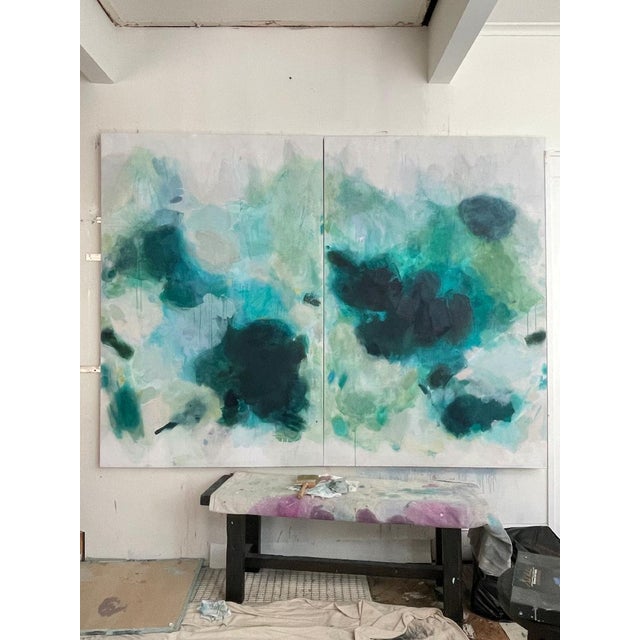 “But Still, You” Large Lyrical Abstraction Diptych Painting in Ethereal Greens and Blues by Stacey Warnix For Sale - Image 15 of 16