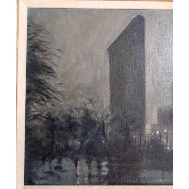 Textile Mid-Century American Tonalist Nocturne Painting of Flatiron Building New York City For Sale - Image 7 of 15