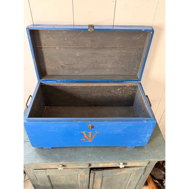 Shabby Chic Vintage French Painted Cobalt Blue Trunk For Sale - Image 3 of 9