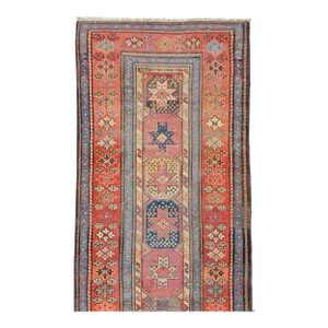 Late 19th Century Antique Persian Kazak Runner With Medallions in Red Blue and Yellow