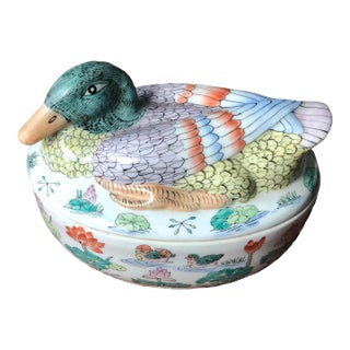 Vintage Famille Rose Hand-Painted Polychrome Duck Covered Box/Tureen For Sale