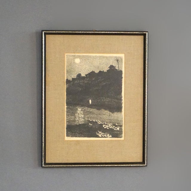 A Mid Century Modern Impressionist Litho Night Scene with Moonlit Pond & Ducks Titled and Signed by Artist, Mid 20thC...