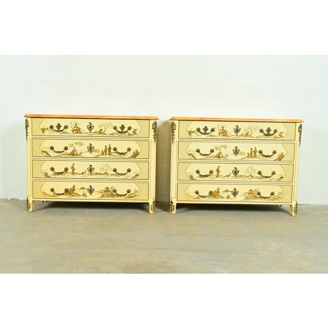 An outstanding pair of French Regency Louis XVI Chinoiserie style dressers or chests of drawers In the manner of Baker...