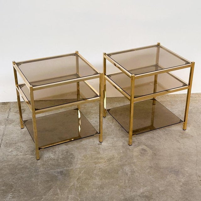 Vintage Brass and Smoked Glass 3-Tier Side Tables, 1970s, Set of 2 For Sale - Image 3 of 12