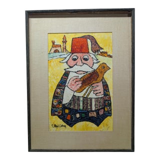 Jovan Obican "Man Holding Bird" c.1965 Folk Art Painting For Sale