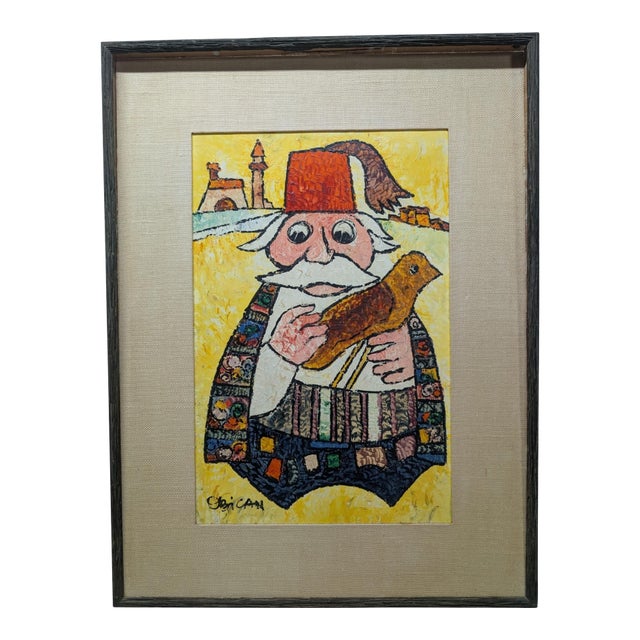 Jovan Obican "Man Holding Bird" c.1965 Folk Art Painting For Sale