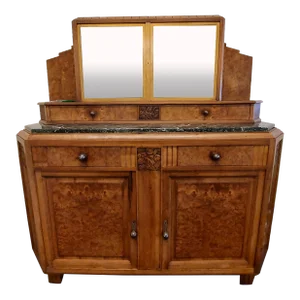 French Art Deco 1930s Marble Top With Brass Trim Buffet Cabinet