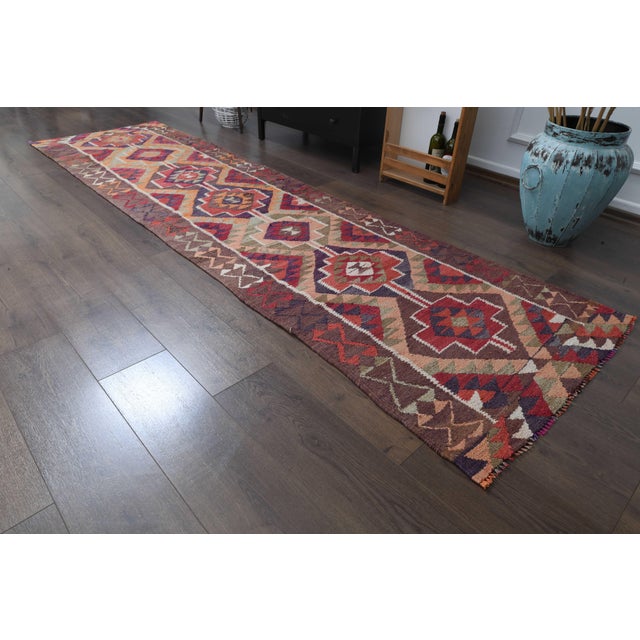 1970s Vintage Handmade Wool Cotton Red Runner Rug For Sale In San Francisco - Image 6 of 11