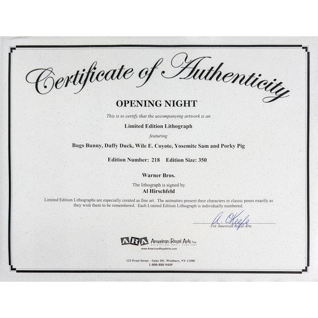 Al Hirschfeld, Opening Night (Looney Tunes), Hand Signed Lithograph, Edition of 350, Framed, 1994 For Sale - Image 4 of 4
