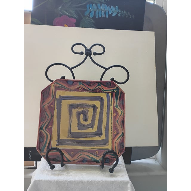 Vintage 1980s Karen Howell Studio Art Pottery Square Ceramic Charger Plate For Sale - Image 4 of 8