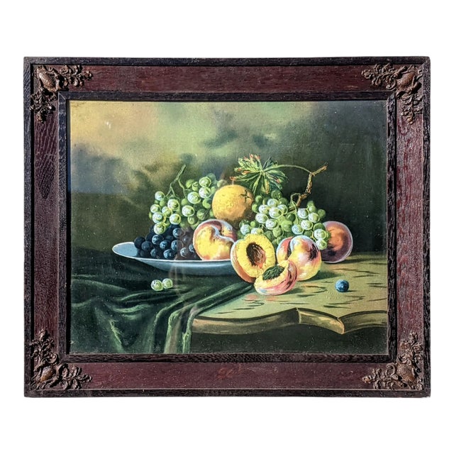 Antique Still Life Fruit Art in Black Forest Wooden Frame For Sale
