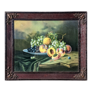 Antique Still Life Fruit Art in Black Forest Wooden Frame