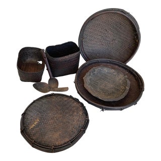 Antique Akha Thai Bamboo Storage Basket W/Serving Dish/Utensils - Set of 6 For Sale