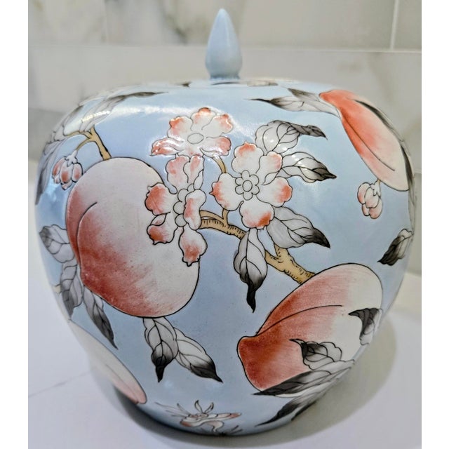 Vintage 9" Chinoiserie Powder Blue Porcelain Melon Ginger Jar - Hand-Painted Longevity Peach & Blossom Motif For Sale - Image 4 of 11