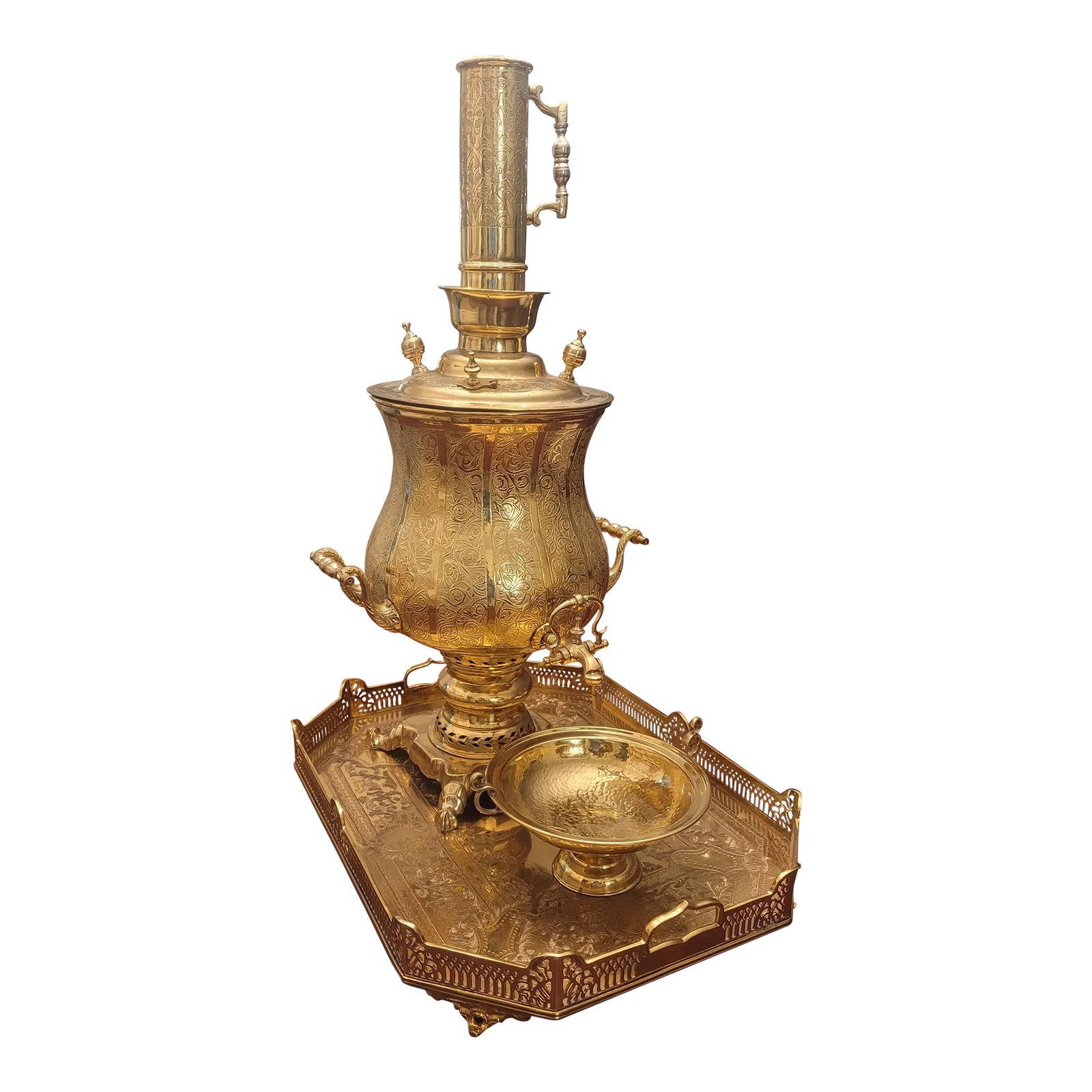 Large Ornate Engraved and Polished Brass Decorative Samovar Set | Chairish