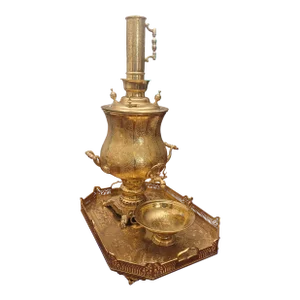 Large Ornate Engraved and Polished Brass Decorative Samovar Set