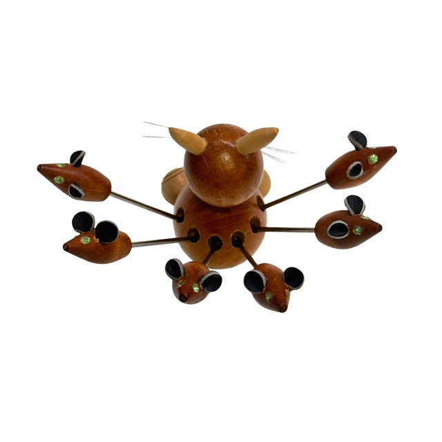 Mid-Century Modern Vintage Mid-Century Wooden Cat & Mouse Cocktail Fork Set - 7 pcs For Sale - Image 3 of 5