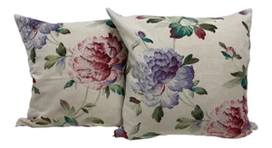 Pair of 22" Square Pillows With Bold Pink & Blue Floral Print - Made in Uk.