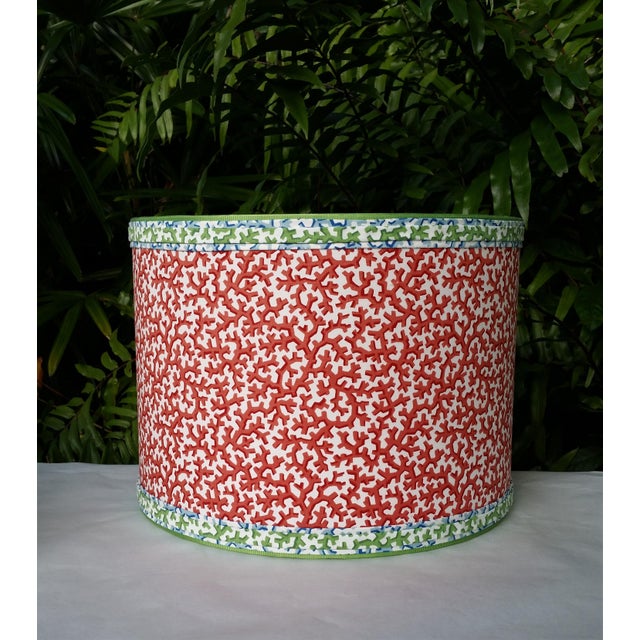 Coral Red Lampshade Drum Blue and Green Trim For Sale - Image 11 of 11