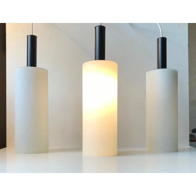 Vintage Black & White Cylindrical Pendant Lamps from Lyfa, Set of 3 For Sale - Image 3 of 10