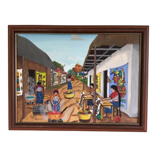 Village Life Mayan Folk Painting by Pablo Noe Salazar Acrylic on Canvas Guatamala 1978 For Sale