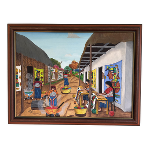 Village Life Mayan Folk Painting by Pablo Noe Salazar Acrylic on Canvas Guatamala 1978