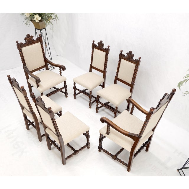 6 Fine Carved Oak Lion Heads Twisted Legs New Upholstery Jacobean Dining Chairs For Sale - Image 6 of 14