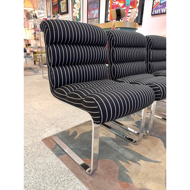 Mid-Century Modern Set of Four 1970's Pace Collection Mariani Lugano Cantilever Dining Chairs in Black/White Stripe For Sale - Image 3 of 12