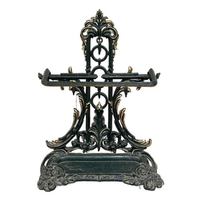 Antique English Gilt & Painted Cast Iron Umbrella Stick Cane Stand For Sale