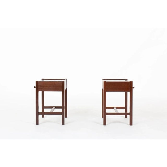 Mid-Century Modern French Mahogany Bedside Tables by Jacques Hauville for Roche Bobois, 1950s, Set of 2 For Sale - Image 3 of 10