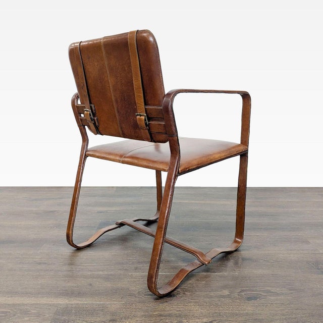 Modern Brown Leather Buckle Lounge Chair With Curved Wooden Frame For Sale - Image 3 of 11
