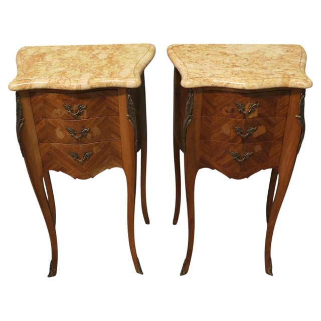 Brown French Marquetry and Marble Bombe Shaped Bedside Tables, Set of 2 For Sale - Image 8 of 8