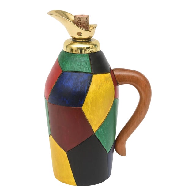 Vintage Italian Aldo Tura Style Colorful Painted Wood and Brass Cork Decanter/ Jug Barware For Sale