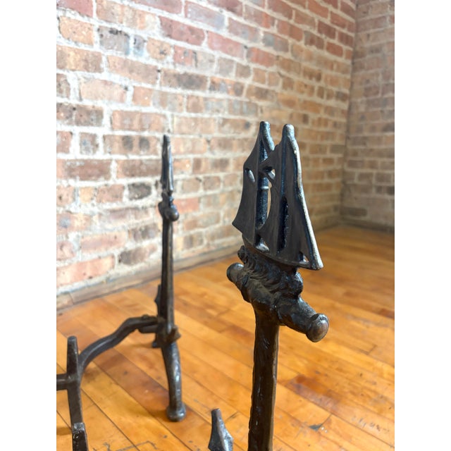 Vintage Nautical Cast Iron Anchor and Sailing Ship Andirons - Pair For Sale - Image 9 of 13