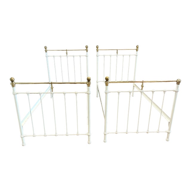 Pair of Brass and White Painted Iron Beds For Sale