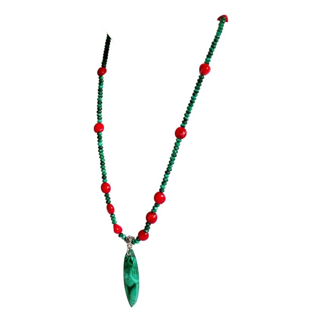 Artisan Genuine Malachite Necklace With Large Sculptural Pendant and Red Bamboo Seeds Detail For Sale