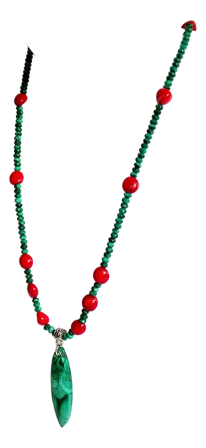 Artisan Genuine Malachite Necklace With Large Sculptural Pendant and Red Bamboo Seeds Detail