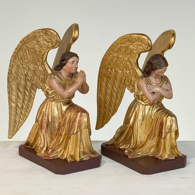 Baroque Pair 18th Century Hand-Carved Polychromed Wood Angels For Sale - Image 3 of 17