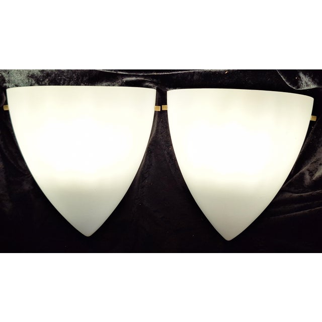 2000 - 2009 Vintage Minimalist Ceiling Lamps with Opaque White Glass Shades on Brass Brackets, 2000s, Set of 2 For Sale - Image 5 of 7