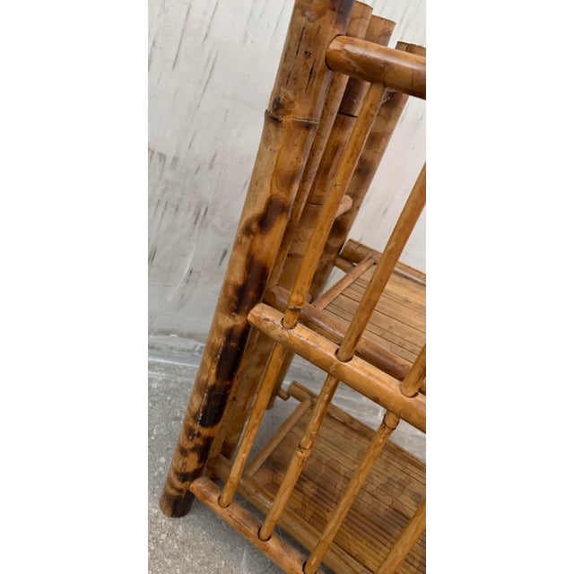 Chinoiserie Vintage 1970’s 'Scorched Tortoise' Bamboo, Rattan Petite Folding 2-Tier Etagère For Sale - Image 3 of 12