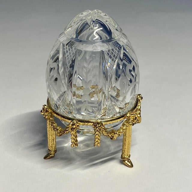 Glass 1980s Faberge Clear Cut Crystal Petite Egg Paper Weight Signed and Numbered With Stand For Sale - Image 7 of 11