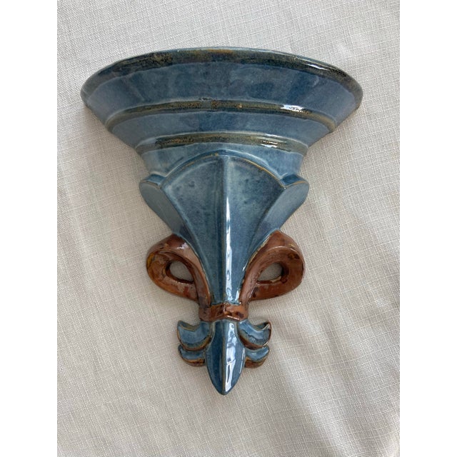 French Country Vintage Ceramic Wall Brackets Sconces Fleur-De-Lis Blue and Brown Glazed – A Pair For Sale - Image 3 of 8