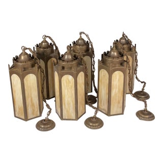 Vintage 60s McFadden Church Pendant Light Fixture Slag Glass - a Single, 3 Available For Sale