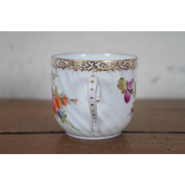 Antique Dresden Blue Crown Polychrome Porcelain Demitasse Saucer Flowers Gilding For Sale - Image 4 of 12