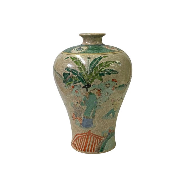 Vintage Chinese Crackle Beige Color People Graphic Porcelain Vase For Sale - Image 4 of 10