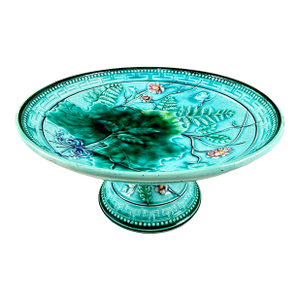 German Majolica Fern Leaf Greek Key Footed Comport Server