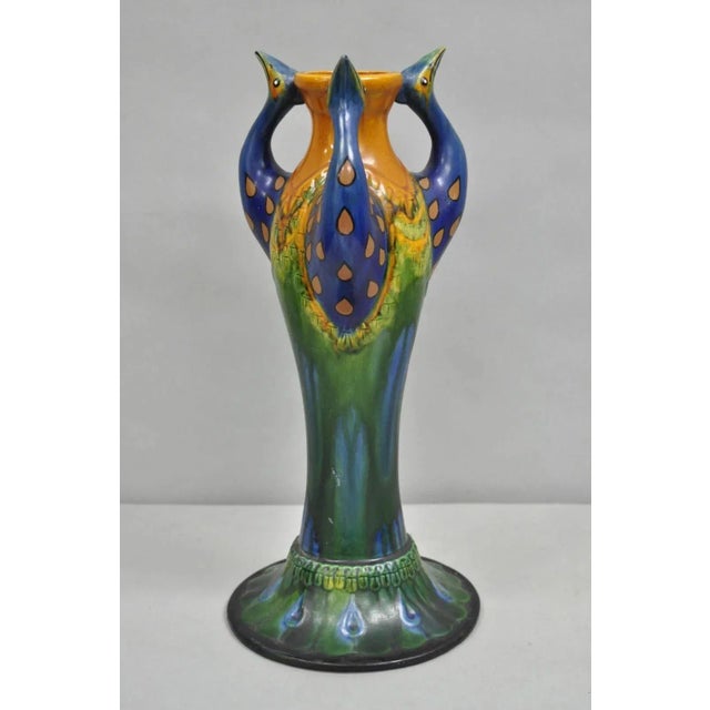 Ceramic Vintage Art Nouveau Majolica Style Glazed Ceramic Pottery Peacock Bird Vase For Sale - Image 7 of 10