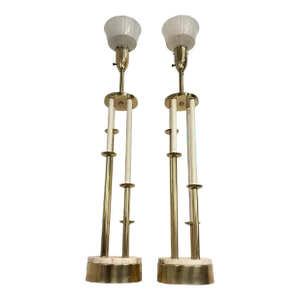 Pair of Colonial Premier Tall Brass and Marble Candelabra Style Table Lamps in the Style Tommi Parzinger