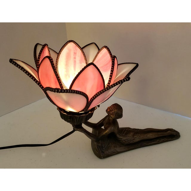 Early 20th Century Early 20th Century Art Deco Figural Nude Sculptural Bronze Lotus Lamp For Sale - Image 5 of 10
